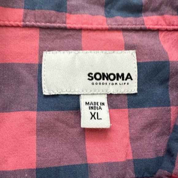 Men's Sonoma XL Short Sleeve Blue/Pink Plaid Casual Button Down Shirt - Picture 3 of 3